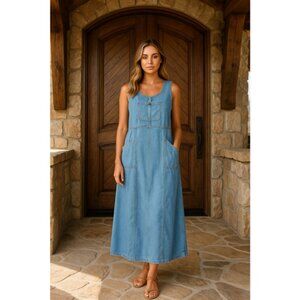 Vintage Denim Midi Jumper Dress Pockets Modest Cottagecore Prairie Wester
